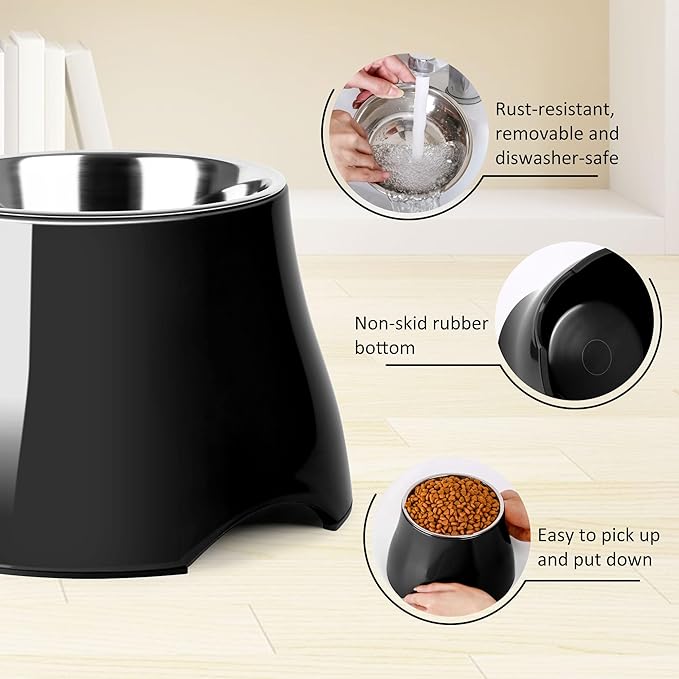 Dog Bowls,Cone Friendly Non Slip Single Dog Bowl with Stainless Steel Inner, Raised Bowls for Small and Medium Dogs Spaniel Dogs Long Ear, High Capacity, L/3 Cups Black