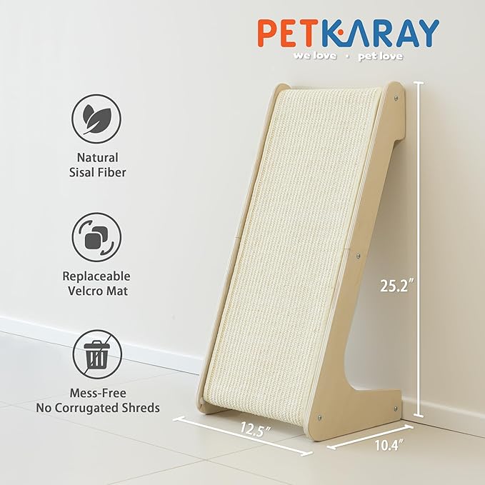 PETKARAY L Shape Cat Scratcher, Sisal Kitty Scratching Ramp, Vertical Scratch Pad for Indoor Cats, 25.3" Furniture Protector with Catnip, White