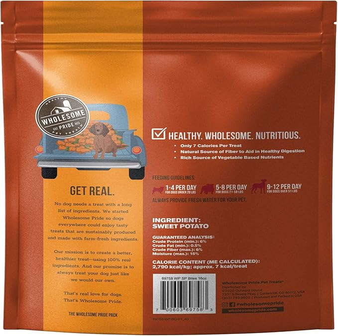 Wholesome Pride Sweet Potato Bites 100% All-Natural Single Ingredient Dog Treats, 16 oz