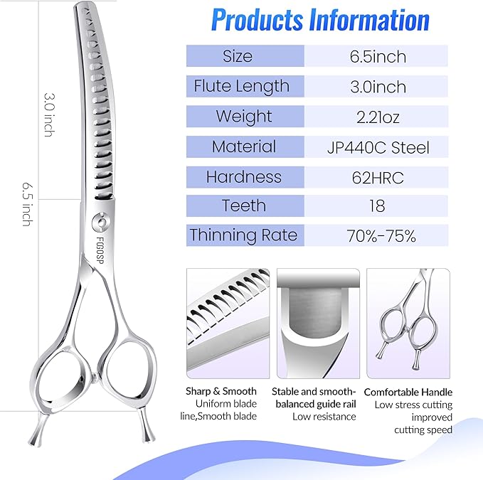 Curved Chunkers Shears Dog Grooming Scissors 6.5 in Professional Downward Thinning Shears for Small Dogs Cat Pet Japan 440C Stainless Steel Sharp and Durable(6.5 In, Chunker)