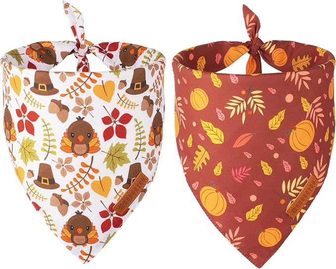 ADOGGYGO Thanksgiving Dog Bandana, Pumpkin Turkey Pet Scarf, Multi Size Offered, Fall Autumn Leaves Thanksgiving Bandanas for Small Dogs Cats Puppies (Small)