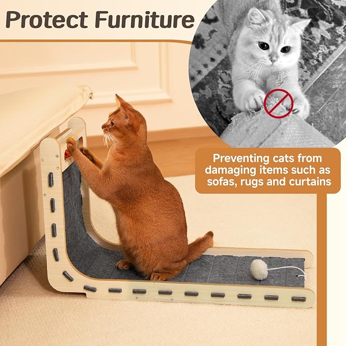 L Shaped Cat Scratcher with Ball Toy Felt Standing Cat Scratching Board for Indoor Cats Adults Vertical Scratch Pad Furniture Protector Kitten Toys 26.8 Inch-Grey