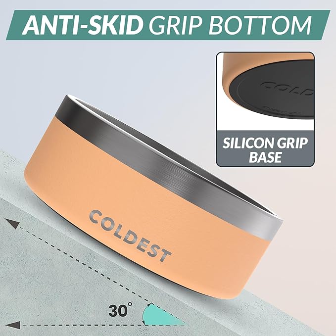 Coldest Dog Bowl - Anti Rust Metal, Non Slip, 3 Layers Insulated Stainless Steel Dog Bowls - Spill Proof & Heavy Duty - Water Bowl for Dogs, Cats & Pets, Dish Washer Safe (64 oz, Sahara Peach)