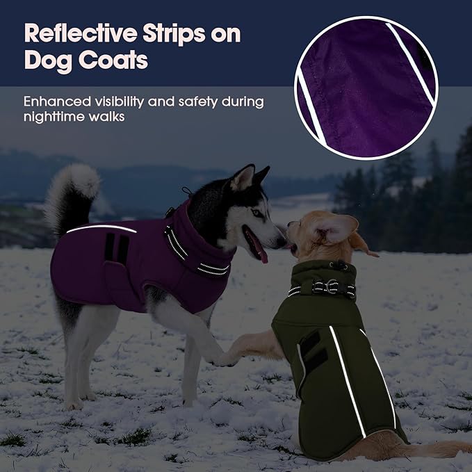 IECOii Winter Dog Coats for Large Dogs, Dog Snow Jacket with Built in Collar & Reflective Strips, Warm Windproof Fleece Dogs Jacket for Cold Weather, Adjustable Easy On Pet Snowsuit, Purple - XL