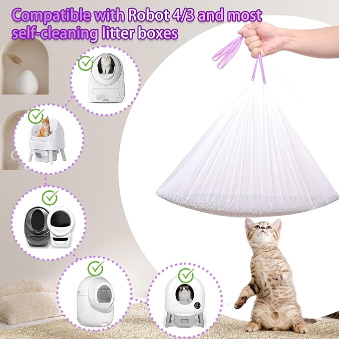 100 Pack Drawstring Cat Litter Box Liners Compatible with Litter-Robot 3/4, Waste Bags Heavy Duty for Automatic Self Cleaning Litter Box
