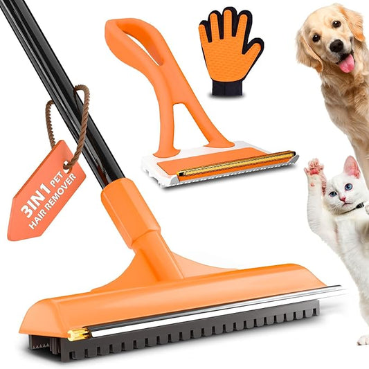 Carpet Rake for Pet Hair Removal - 3 in 1 Pet Hair Remover Tool with 58" Adjustable Long Handle,Reusable Dog & Cat Carpet Scraper,Pet Hair Remover for Rugs,Mats,Couch,Curtains(Orange)