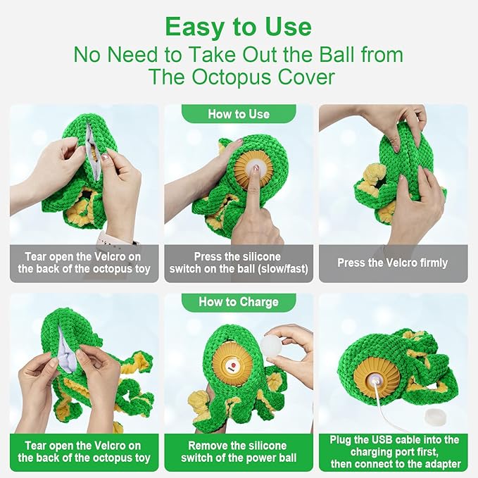 Interactive Dog Toys Octopus,Durable Automatic Jumping Dog Toy to Keep Them Busy,Squeaky Moving Tug of War Doggie Toy,USB Rechargeable,Not for Aggressive Chewers (Green)