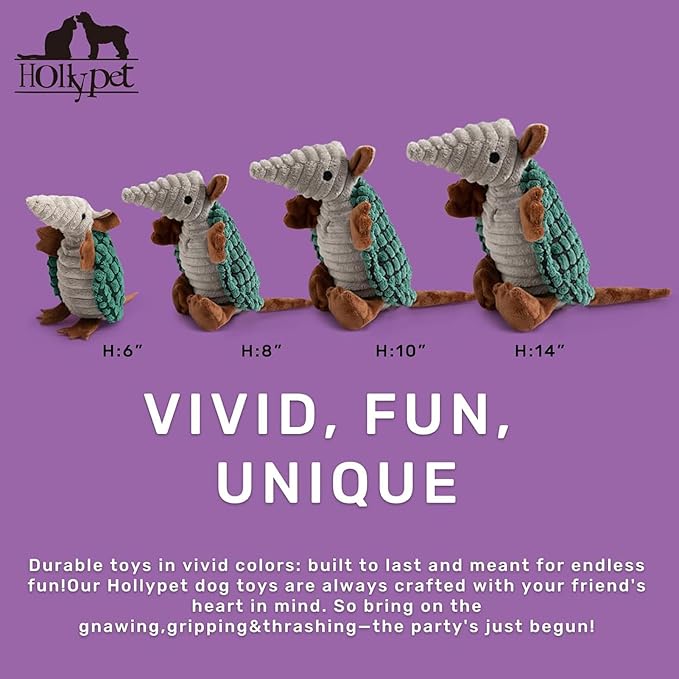 Hollypet Plush Dog Squeaky Toy Stuffed Armadillo Animal Pet Puppy Chew Toys with Clean Teeth for Small Medium Large All Breed Sizes Dogs, Deep Green, 14 in