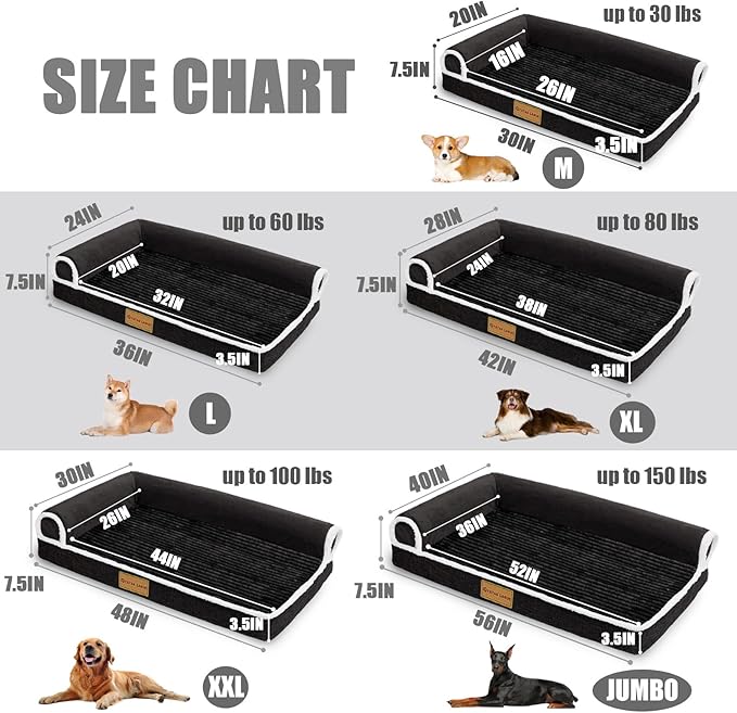 Patas Lague Orthopedic XL Dog Bed Large Sized Dog 42''X28'', Waterproof Comfortable L Bolster Big Large Non-Slip Soft Warm Pet Crate Bed Sleep Sofa mat with Removable Washable Cover, Black