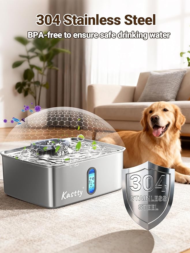 Kastty 15L/3.96 Gal Stainless Steel Dog Water Fountain, Large Capacity Dog Water Bowl Dispenser Quiet LED Light Triple Filtration BPA-Free, Automatic Pet Water Fountain Easy Cleaning Grey FS78