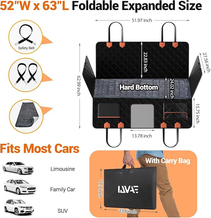 Hard Bottom Car Seat Cover for Dog swith Removable Soft Blankets,Scratch-Proof and Anti-Slip Car Dog Hammock for Large Dogs Brown for Car, SUV