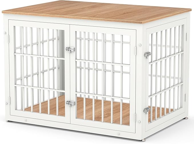 42 Inch Heavy Duty Dog Crate Furniture for Large and Medium Dogs, Decorative Pet House End Table, Wooden Cage Kennel Furniture Indoor, Natural and White
