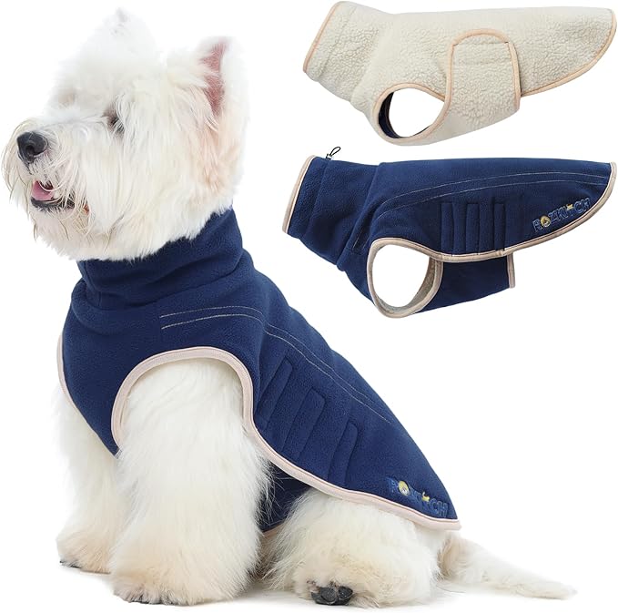 ROZKITCH Reversible Fleece Dog Jacket, Super Warm Sherpa Sweater with Leash Hole & Embroidery, Adjustable Double-Sided Plush Vest for Medium Breeds Outdoor Indoor DarkBlue L