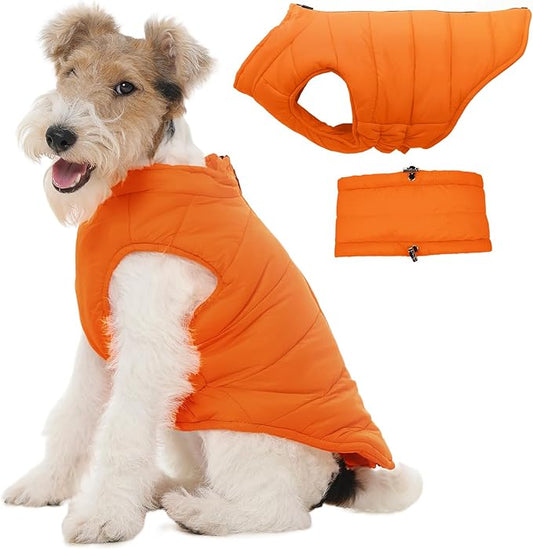 Dog Puffer Jacket with Detachable Neck Wrap for Small Dogs, Waterproof Orange Dog Vest with Back Zipper, Winter Coat Fleece Elastic Band on Chest for Dogs, Bichon Frise, Chihuahua, Orange XS