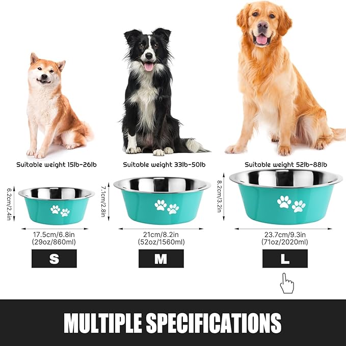 Stainless Steel Dog Bowls, Nonslip Rubber Bottom No Spill Proof Skid Metal Insulated Dog Bowls for Large Medium Small Breed Dogs (Green, 8.5 Cups/71 OZ)