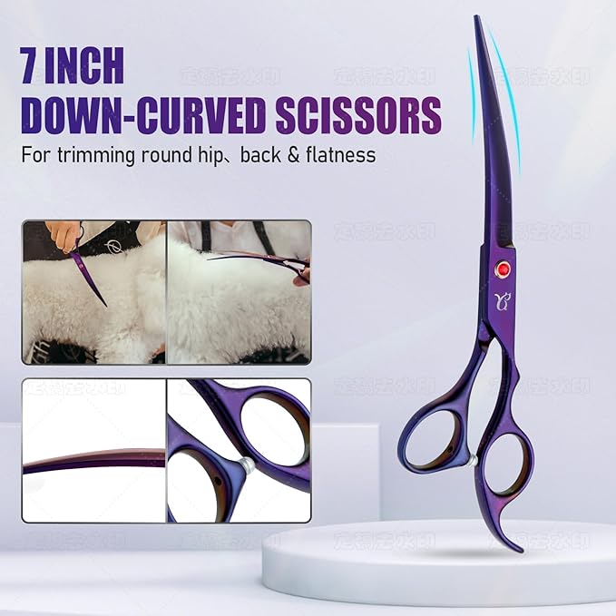 Dog Grooming Scissors,Purple Curved Chunkers Shears with Safety Round Tips,Sharp and Durable 6 in 1 Dog Scissors for Grooming