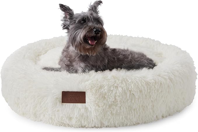 TOWN & COUNTRY LUXE CuddleTown Fuzzy Solid Donut Pet Bed, Soft, Cozy & Calming, Water Repellent, Non-Slip Bottom, 100% Machine Washable, Cream, Medium 28"x28"x7" Round