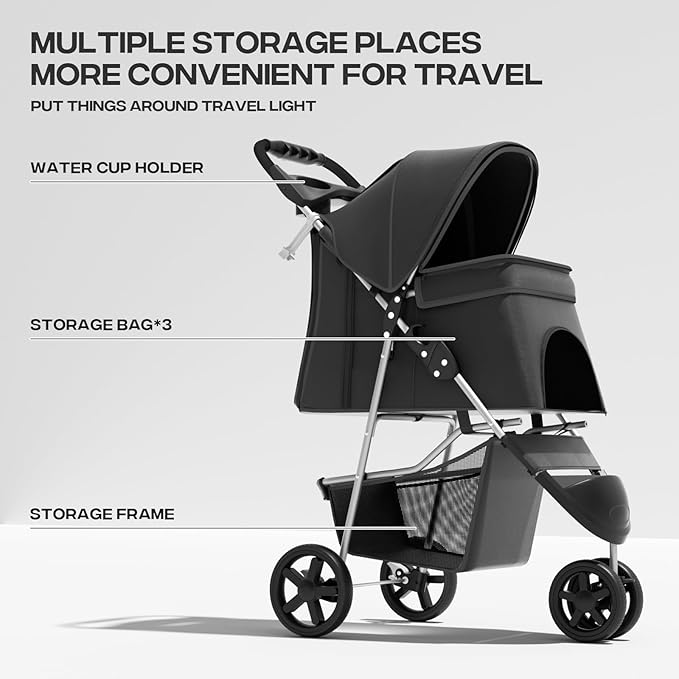 Cat Dog Stroller,3-Wheels Pet Stroller for Medium/Puppy Dogs 30 Lbs, Cat Strollers for 1 Cats, Foldable Dog Stroller with Storage Basket and Cup Holder, Breathable Mesh Black