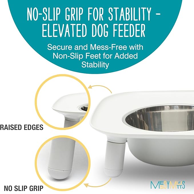 Messy Mutts Elevated Double Feeder with Stainless Bowls | Adjustable Height 3”, 5”, or 10” | Adjustable Standing Feeder for Dogs | 5 Cups per Bowl | Light Grey