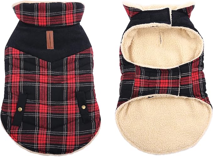 Winter Coat for Small and Medium Dogs, Puppy Plaid Jacket, Cotton Coat for Cold Weather, Windproof Warm Dog Garments, Pet Thickened Outfits Indoor Outdoor, Red XL