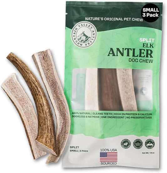 Mountain Valley Elk Antlers for Dogs - 100% Natural & Organic Chew for Aggressive Chewers, No Odor, No Mess, Long Lasting - Wild-Foraged Naturally Shed Antlers in USA - Grade A, Split Small (3 Pack)