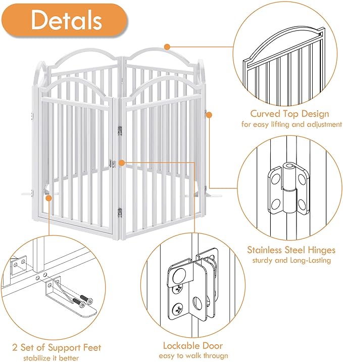 UDD Dog Gate Indoor 144" Extra Wide, 32" Tall Foldable Pet Gate with Door for Stairs Doorways Hallways Porch, Freestanding No Drilling Metal Pet Fence for Dogs Puppy, White 6-Panel