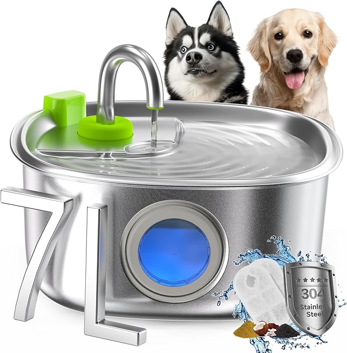 Dog Water Fountain Stainless Steel, 236 Oz/7L Automatic Dog Water Bowl Dispenser, Quiet Cat and Pet Water Dispenser Fountain with 2 Filters for Large Dogs, Cats, Multi-Pets - FS20