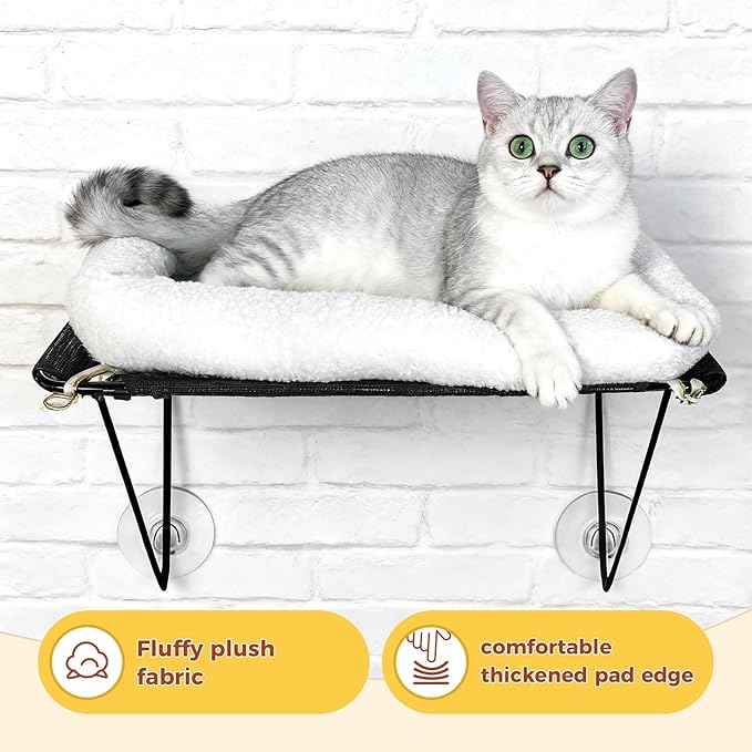 Cat Window Perch, Cordless Cat Hammock Window Seat with Sturdy Metal Frame Supports and 4 Strong Suction Cups (White, Short Hair)