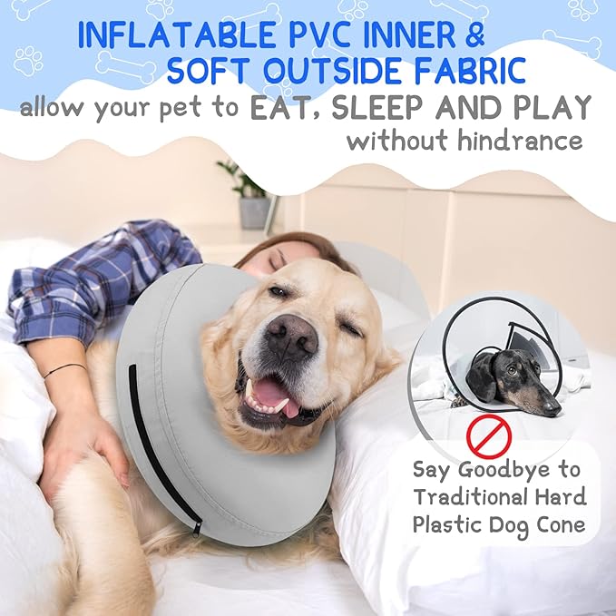 Supet Inflatable Dog Cone Collar for Large Medium Small Dogs, Soft Cone Collar for Dogs Cats, ECollar Doggie Neck Donut Dog Cone Alternative After Surgery
