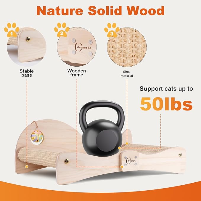 Oroonoko Cat Scratcher Bed for Indoor 2-in-1 Sisal Scratching Post & Hammock with Easy Assembly, Non-Tip Wood Base, Large Cat Bed & Scratch Pad (Fish Back)