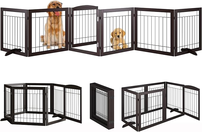 Vantas Folding Pet Gate 144" Wide, 30" Tall No-Assembly Wooden Dog Gate with Door Walk Through, Freestanding Wire Pet Gate, Pet Puppy Safety Fence, with 2PCS Support – Espresso