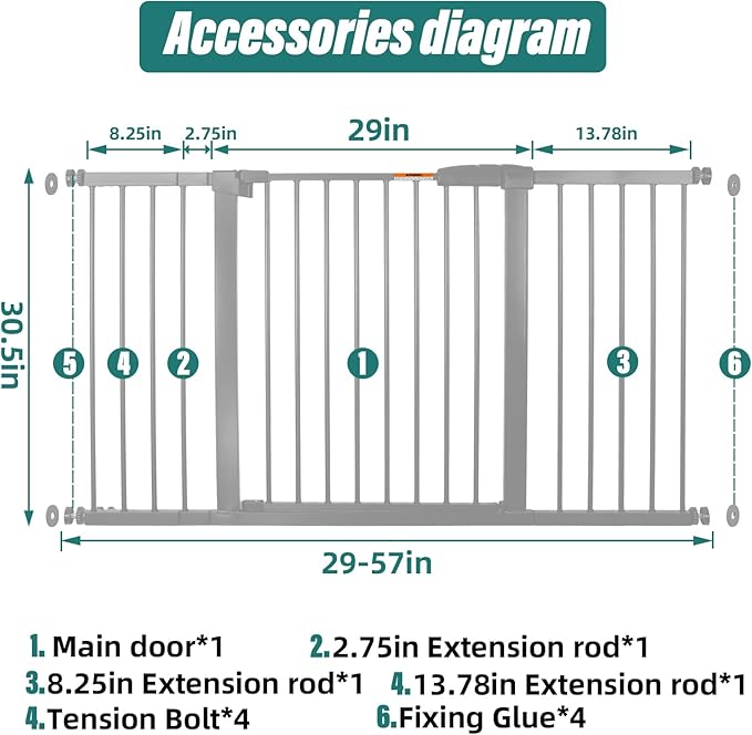29-57" Dog Gates for Doorways No Drilling, Pet Gate Indoor, 30" Tall Metal Walk-Thru Gate, Easy One-Hand Open, Extensions & Wall Mounts Included (Gray, 57" W x 30.5“H)