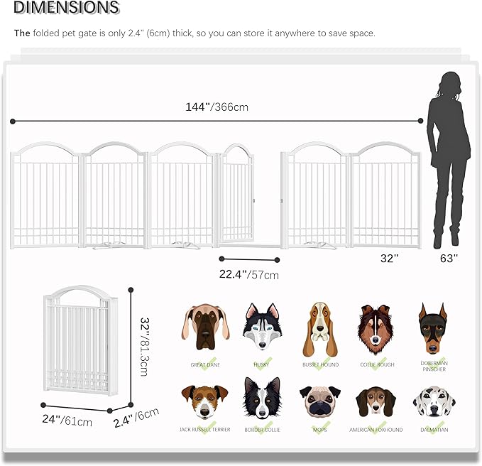 4NM Metal No Drilling Expandable Dog Gate, Extra Wide 144", Extra Tall 32" Free Standing Pet Gate with Door, Gates for Dogs Outdoor or Indoor, with 4PCS Support - White