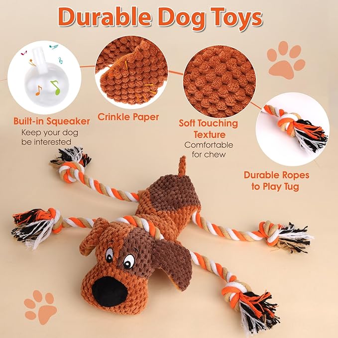 Plush Dog Toys with Rope, Squeaker & Crinkle Paper – Interactive Squeaky Chew Toy for Large Dogs & Puppies – Tough Pet Toy for Tug of War, Fetch & Dental Exercise