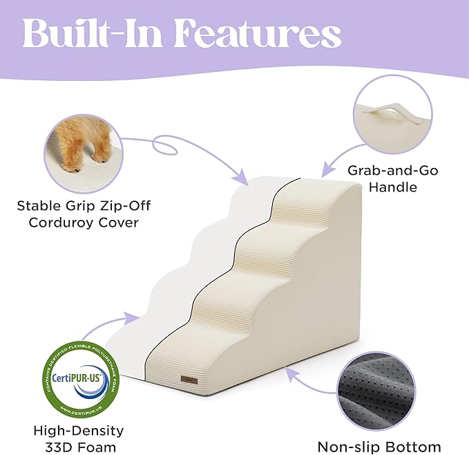 Lesure Dog Stairs for High Bed Pet Steps Ramp for Small Dogs with CertiPUR-US Certified Foam with Non-Slip Bottom, Beige, 5 Steps