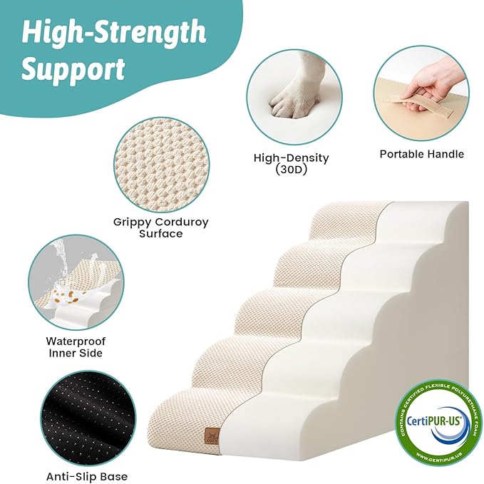 Wide Dog Stairs for Small Dog 22.6" H, Curved Pet Step for Puppy, Older Cat, Curved Ramp for High Bed or Car, Ladder with High Density Foam, Durable, 5 Step, 17.7x33x22.6 inch, Beige