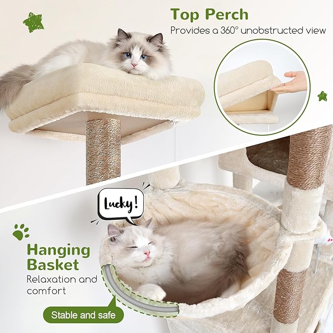 Globlazer Extra Large Cat Tower, 81-inch Tall Cat Tree for Big Cats 20 lbs, XXL Heavy Duty Cat Scratching Tower for Indoor Adult Cats with 3 Cat Condos, 8 Scratching Posts, F81, Beige