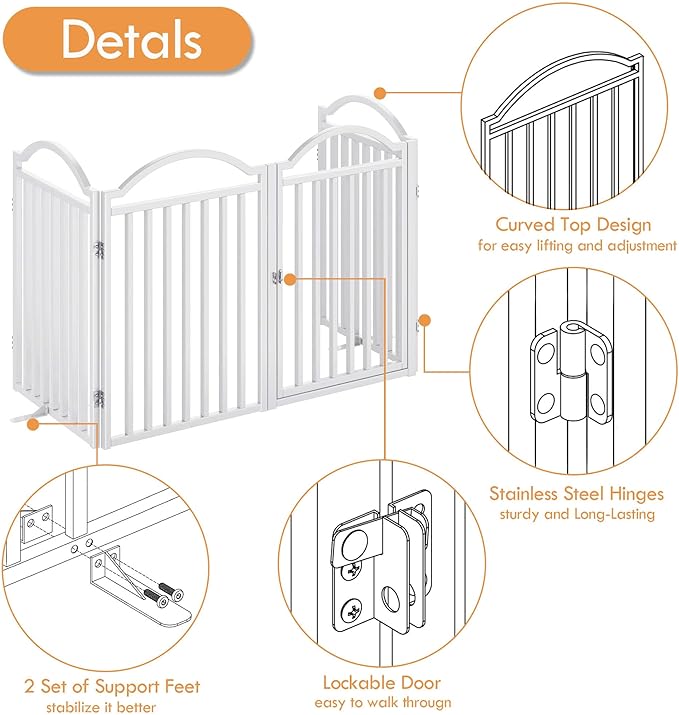 UDD Dog Gate Indoor 96" Extra Wide, 32" Tall Foldable Pet Gate with Door for Stairs Doorways Hallways Porch, Freestanding No Drilling Metal Pet Fence for Dogs Puppy, White 4-Panel