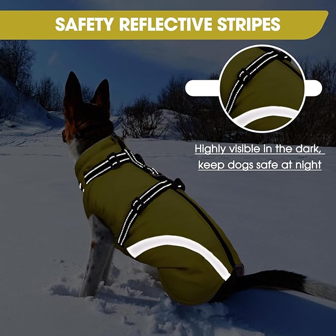 BRKURLEG Dog Winter Jackets for Small Dogs, Dog Coat with Harness Built in, Dogs Snowsuits with Zipper, Waterproof Windproof Pet Puffer Jacket Fleece Vest for Shih Tzu, Maltese, Green S