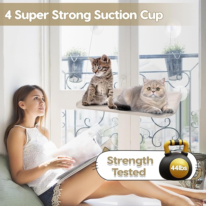 Cat Window Perch, Hanging Cat Hammock for Window, Foldable Cats Windows Bed with 4 Suction Cup, Windows Hammock for Cats Inside Perch Hold up to 44 Pounds Two Pets (Khaki, L)