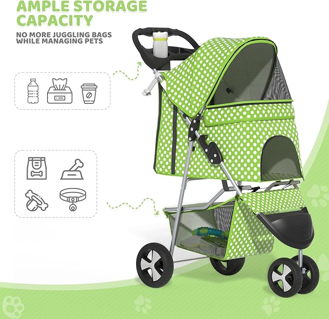 Magshion 3-Wheel Pet Stroller, Foldable Travel Jogger for Small & Medium Dogs & Cats (Up to 33lbs), Lightweight Carrier with Breathable Mesh Cover, Cup Holder & Storage Basket, Lawn Green Polka Dots