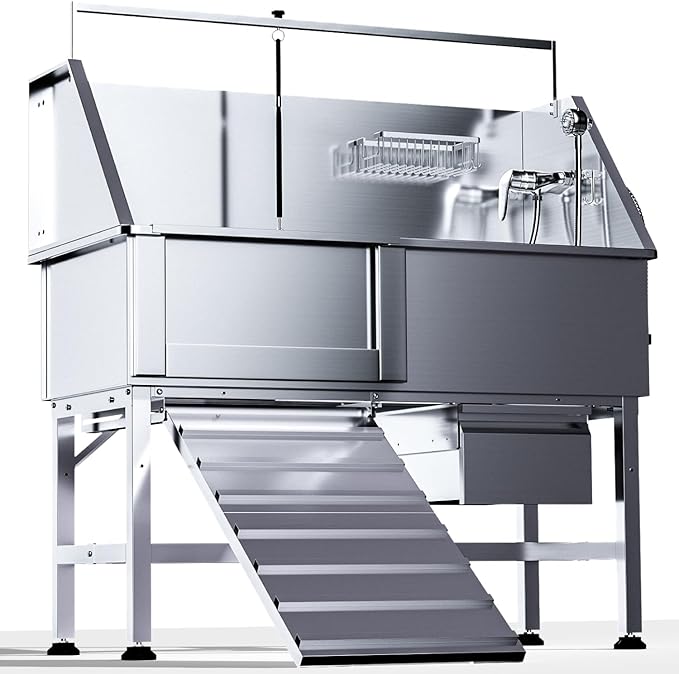 Dog Washing Station for Home,46" Stainless Steel Dog Bathing Station Height Adjustable Dog Washing Station for Home Dog Grooming Tub Ramp, Drawer, Floor Grate & Fauct