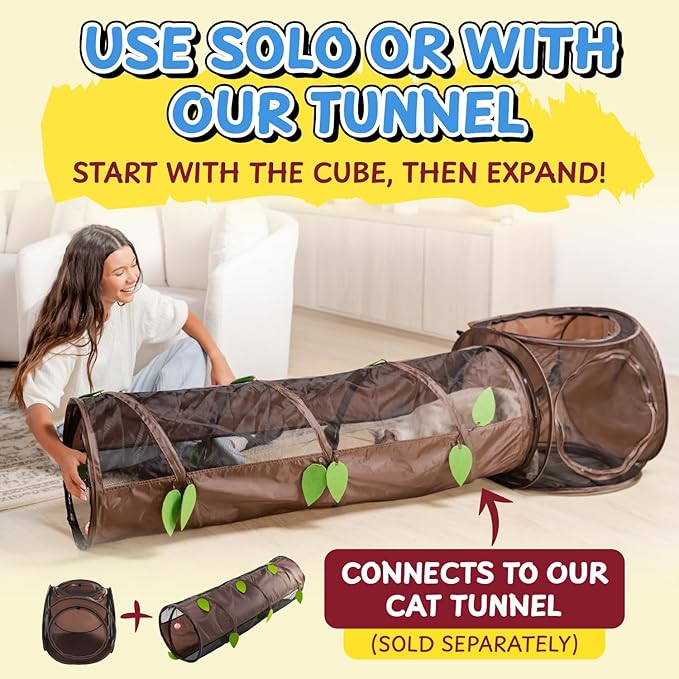 Sexy Liza’s Pop Up Tent Cat Cube - 24x22x20” Play Tent w/ 14” Hole - Connects with Snarky Pets Timmy & Mister’s Tunnel - Outdoor Cat Tent, Play Pen, Zip Connect, Outdoor cat House or Small Dog Bed