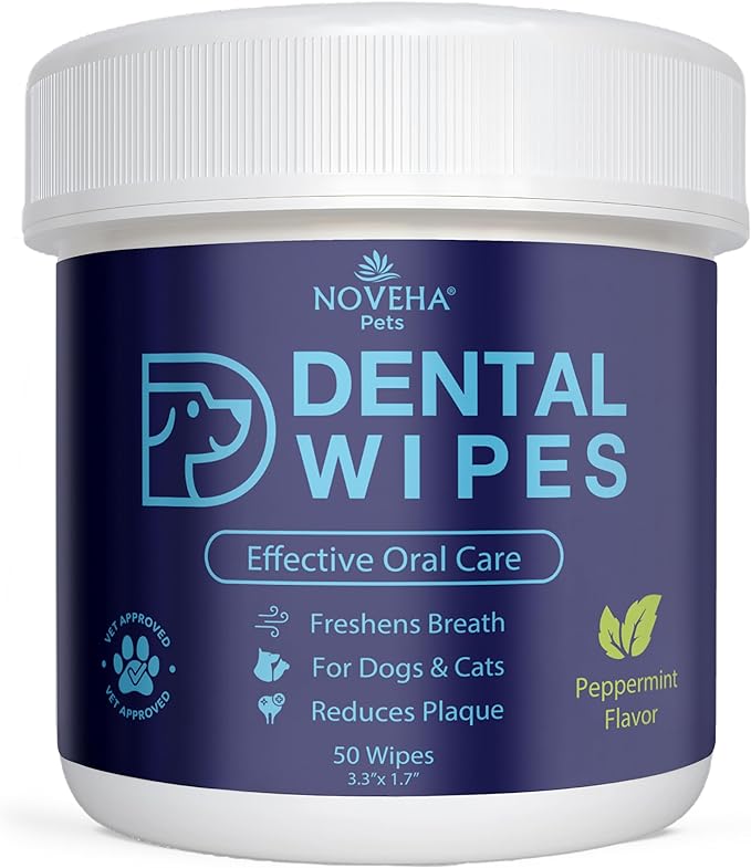 NOVEHA 50PCs Pets Dental Finger Wipes for Dogs & Cats | Freshens Breath, Reduces Plaque | Healthier Gums | Clean Teeth No Toothbrush | Vet Recommended Effective Natural Oral Care | Mint Flavor