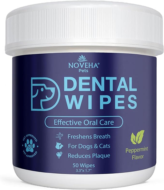 NOVEHA 50PCs Pets Dental Finger Wipes for Dogs & Cats | Freshens Breath, Reduces Plaque | Healthier Gums | Clean Teeth No Toothbrush | Vet Recommended Effective Natural Oral Care | Mint Flavor