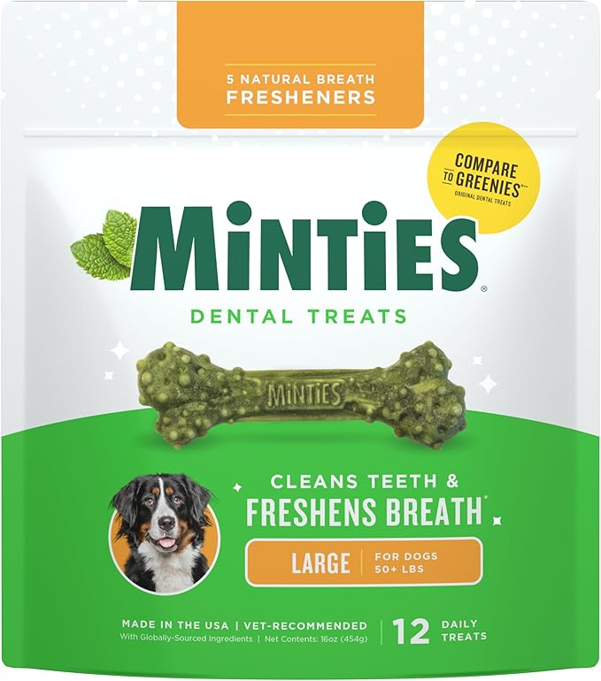 Minties Dental Chews for Dogs, 12 Count, Vet-Recommended Mint-Flavored Treats for Large Dogs Over 50 lbs, Dental Bones Clean Teeth, Fight Bad Breath, and Removes Plaque and Tartar