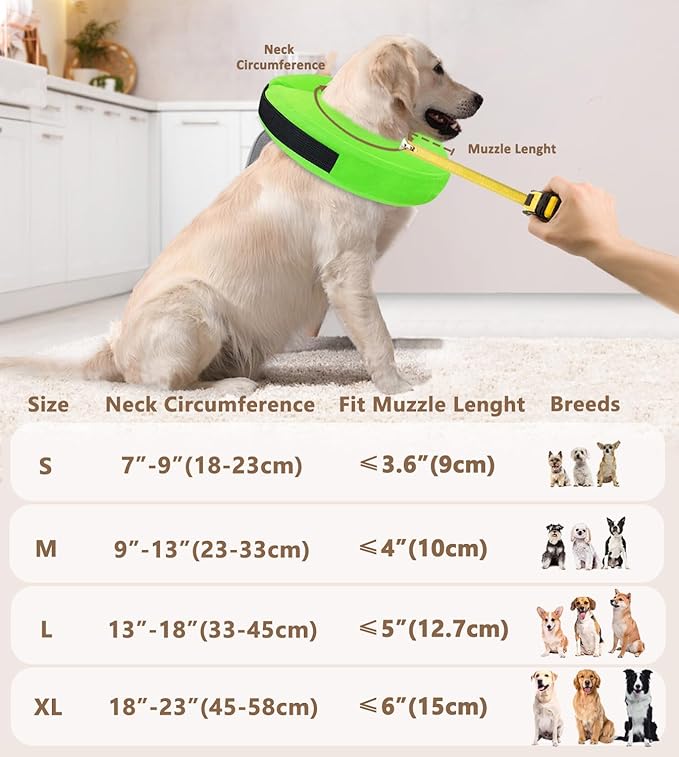 Inflatable Dog Cone Collar, Cone for Dogs to Stop Licking, Donut Collar After Surgery, Soft Dog Cone Alternative, Cones Collar for Small Medium Large Dogs (Green, XL (Neck 18"-23"))