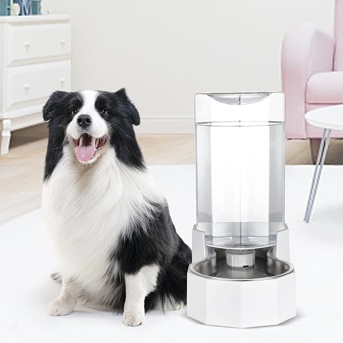Sfozstra Automatic Pet Water Dispenser: 8L White Gravity Stainless Steel Water Bowl- Without Filter- Angular Water Feeder for for 30-60 LB Senior Pet Dogs with Neck Pain Relief in Living Room Bedroom