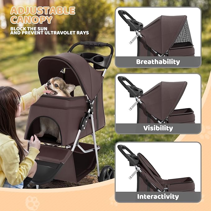 Magshion 3-Wheel Pet Stroller, Foldable Travel Jogger for Small & Medium Dogs & Cats (Up to 33lbs), Lightweight Carrier with Breathable Mesh Cover, Cup Holder & Storage Basket, Coffee