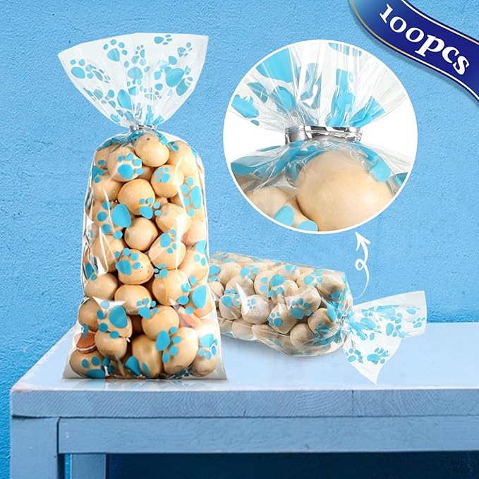 Blulu 100 Pieces Dog Treat Bags Puppy Party Favor Pet Paw Cone Cellophane Bags Candy Heat SealableDog Paw Gift with 100 Pieces Silver Twist Ties for Pet Cat Treat Party Favor (Blue)